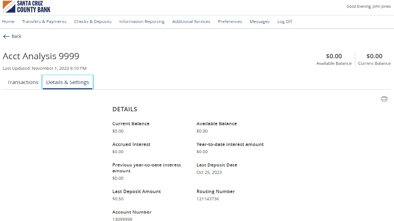 Image of the chosen account and the Details available to view after selecting Details & Settings.