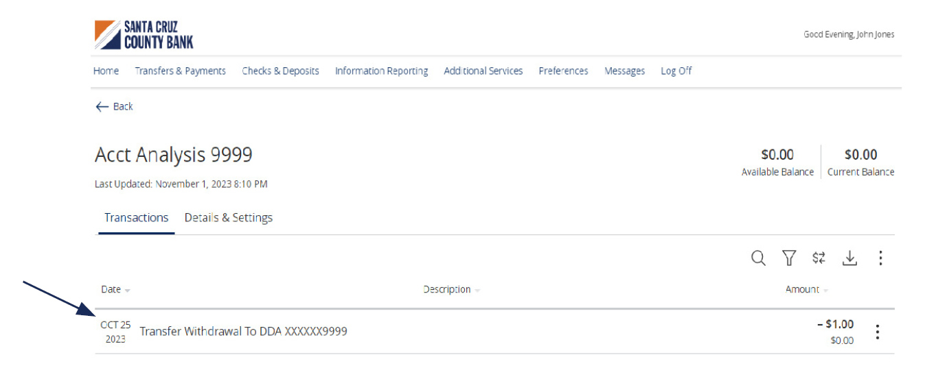 Image of the Account Analysis within Transactions.