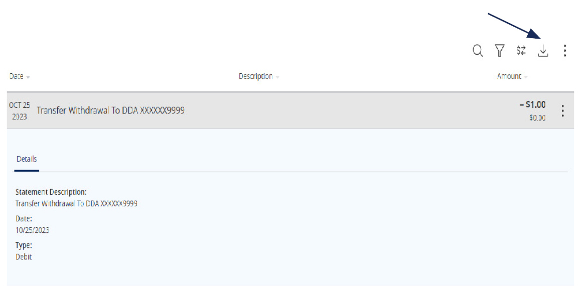 Image of a Transfer Withdrawal and where to locate the Export Icon.