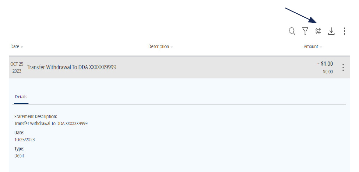Image of a Transfer Withdrawal and where to select the Options Icon.
