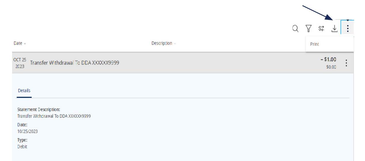 Image of a Transfer Withdrawal and where to select the Options Icon.
