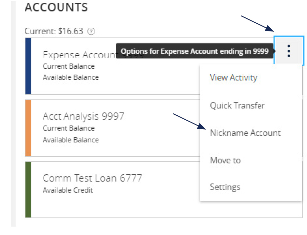 Image showing accounts and the Options icon showing where to locate Nickname Account within the dropdown menu.