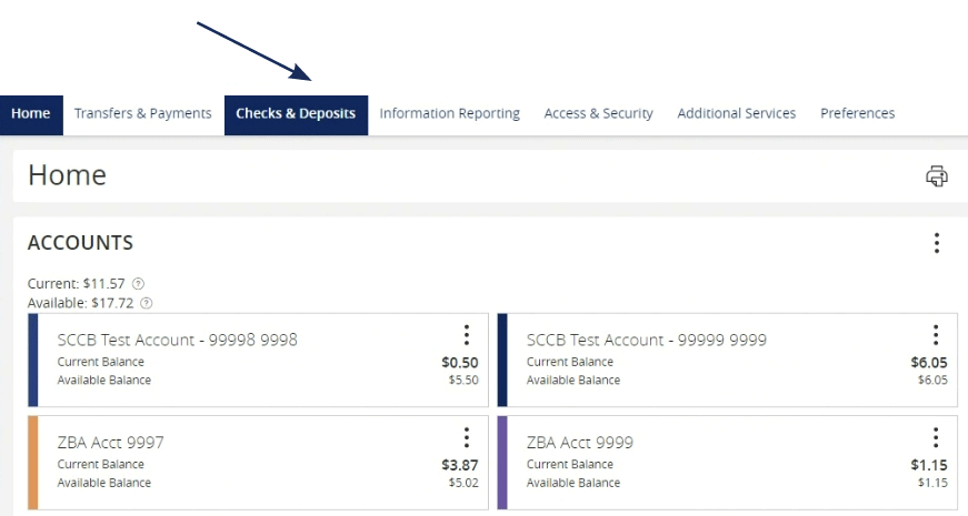 Screenshot of online banking app highlighting the link for Checks & Deposits