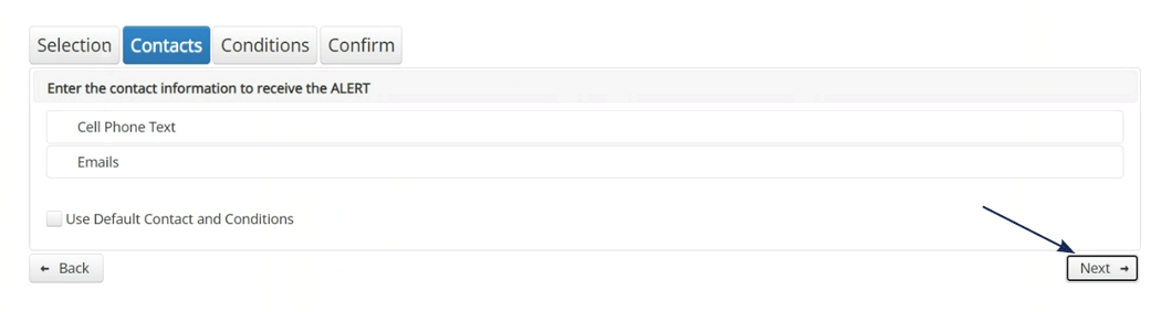 Screenshot of a banking application's alert setup page with 'Contacts' highlighted, and an arrow pointing to the 'Next' button.