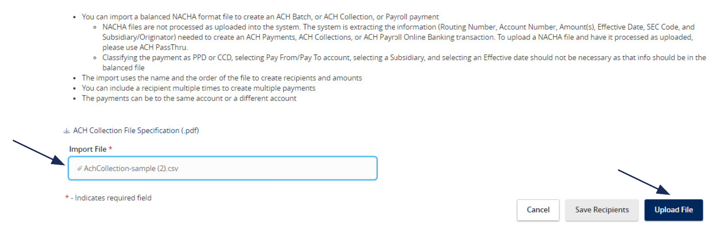 Image of the Import File showing where to select Upload File.