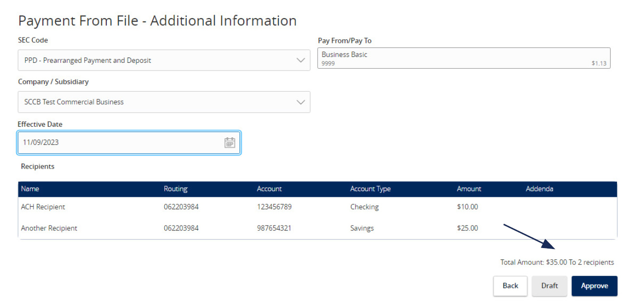 Image of the Payment From File – Additional Information showing SEC Code, Pay From/Pay To, Company/Subsidiary, Effective date, a list of recipients, and where to select Approve.