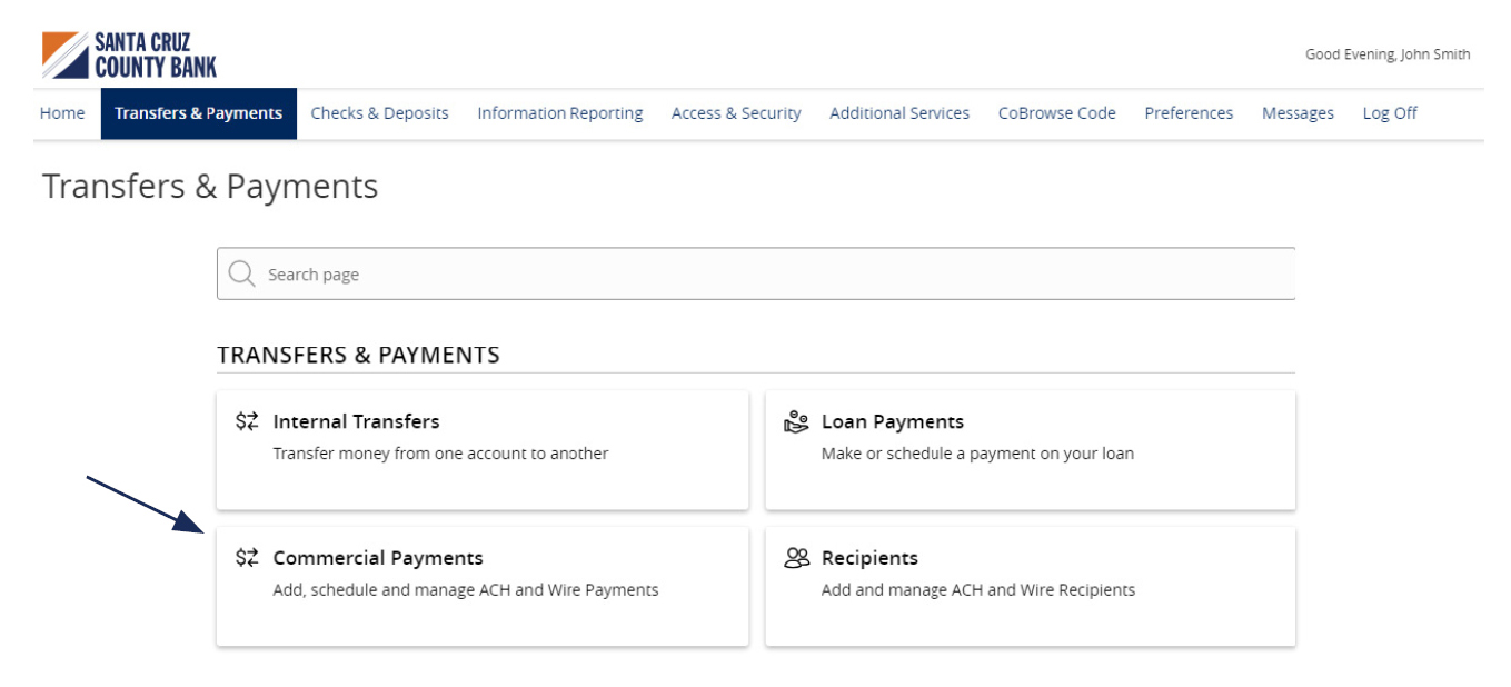 Image of the Transfers and Payments menu showing where to locate Commercial Payments.