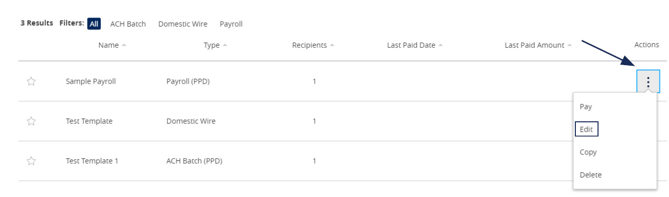 Image of Results showing where to locate the Template Actions icon and where to select edit.