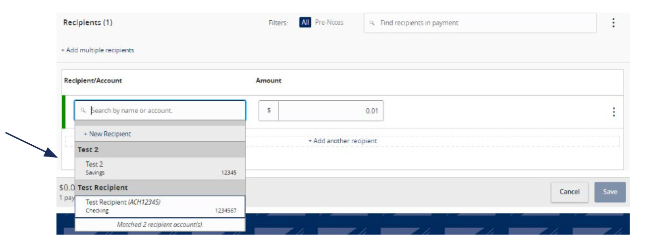 Image of Recipients and where to locate the desired recipient’s account within the dropdown menu.