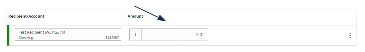 Image of Recipient/Account and where to enter the dollar amount of the payroll transaction.