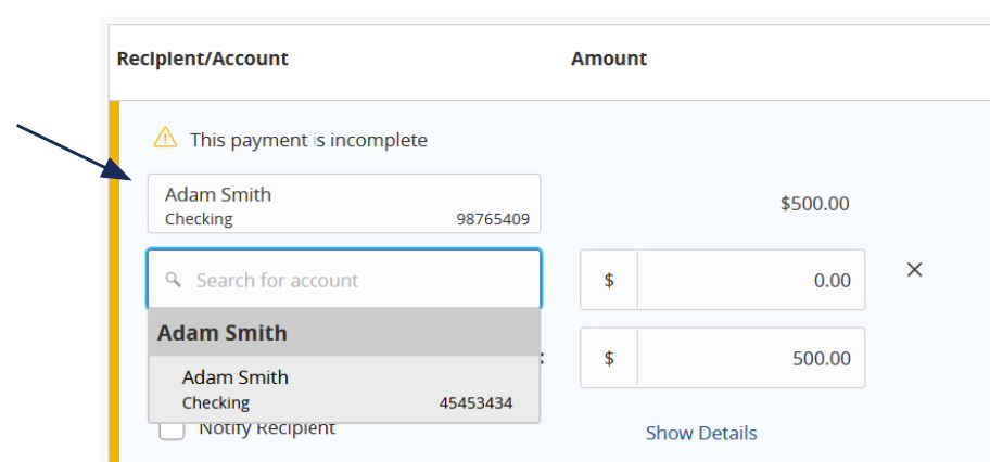 Image of Recipient/Account and where to select the recipient’s secondary account from a drop-down list of accounts, that includes a field to insert a desired $ amount.