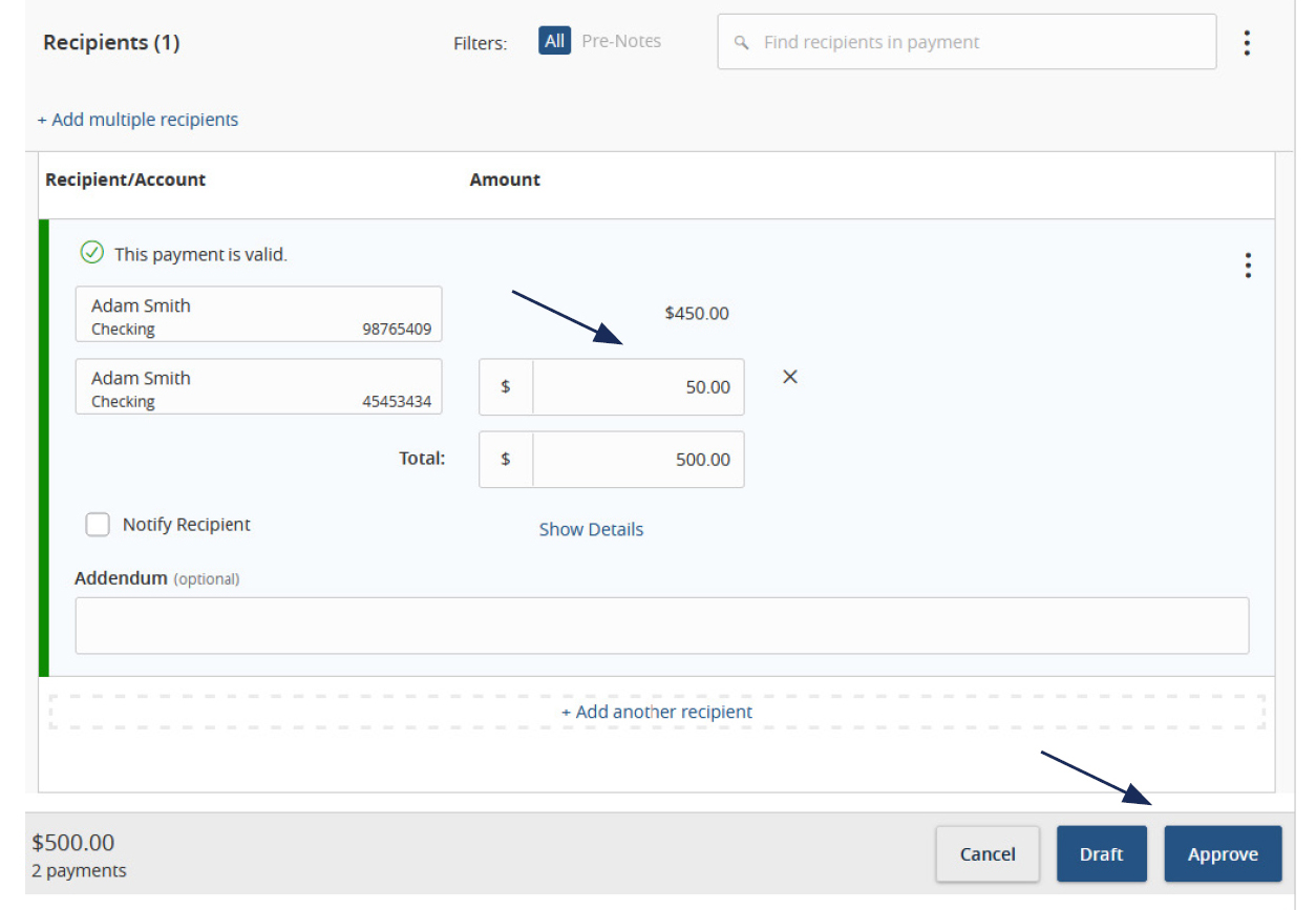 Image of Recipients and where to enter the $ amount to allocate to the secondary account, and where to select Draft/Approve.
