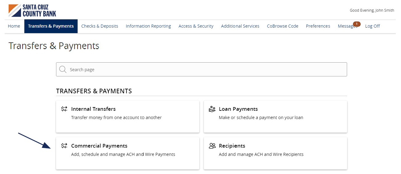 Image of the Transfers and Payments menu showing where to locate Commercial Payments.