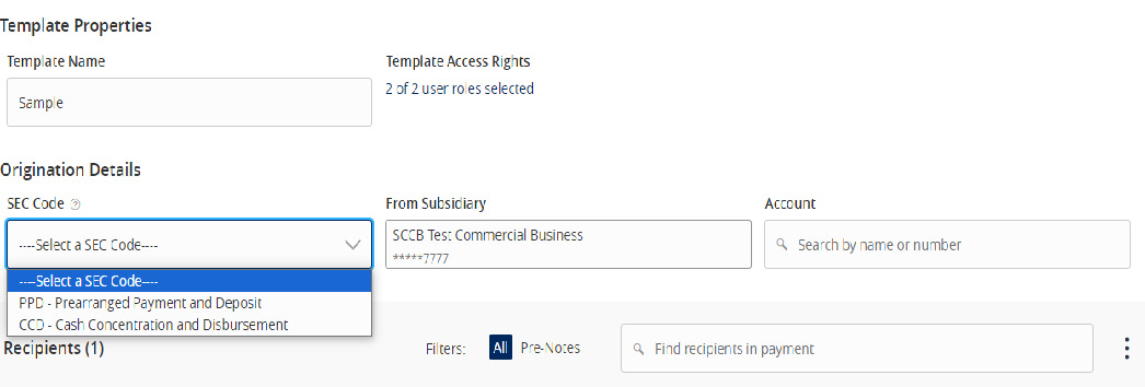 Image of the Template Properties and where to select an SEC code, under the heading Origination Details.