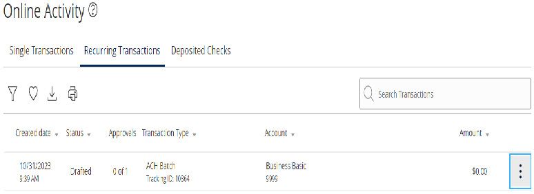 Image of Online Activity with Recurring Transactions selected, which shows a list of items.