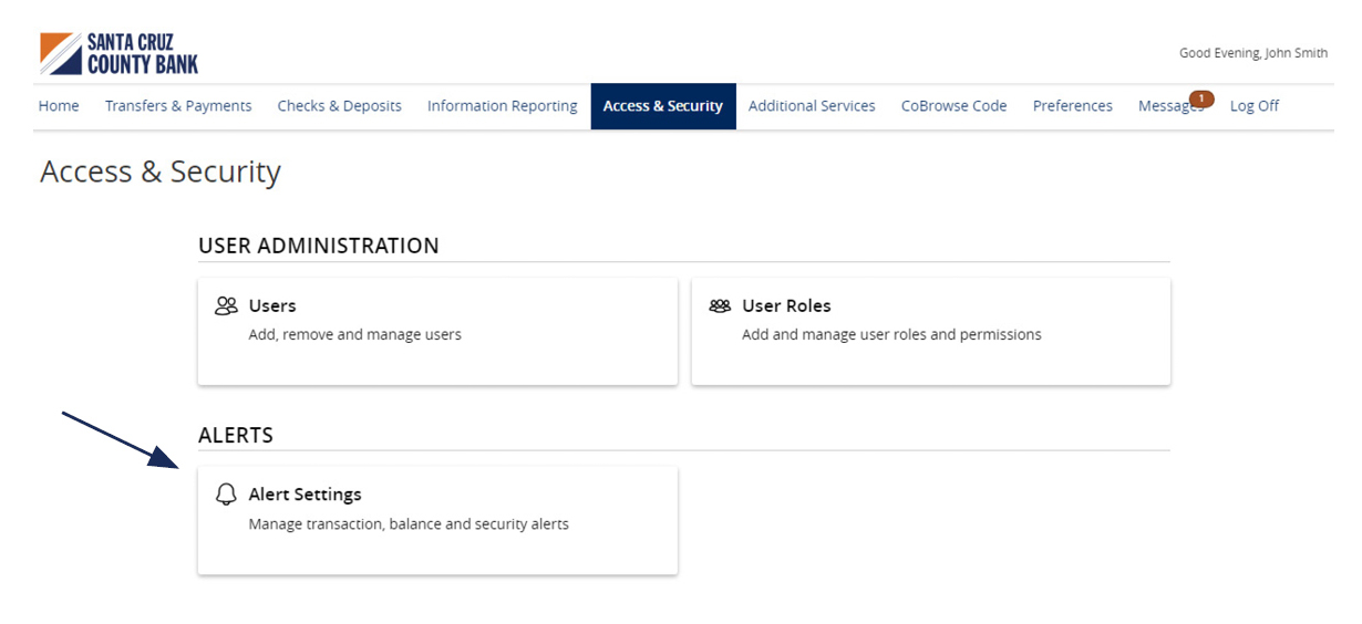 Image of the Access and Security button on the top menu bar showing where to locate Alerts and Alert Settings.