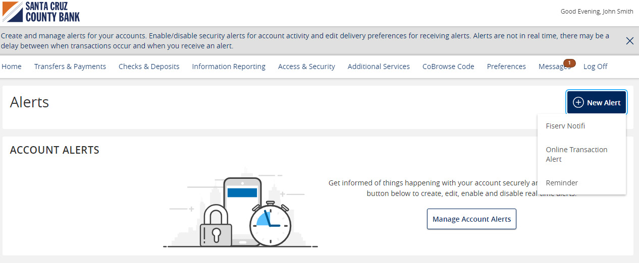 Image showing the dark blue New Alert button with a dropdown menu that includes the following: Fiserv Notifi, Online Transaction Alert and Reminder.
