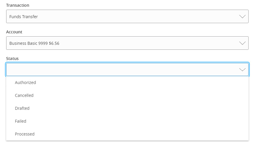 Image of a selected Transaction, showing a dropdown menu box that includes an Account list as well as a Status dropdown menu that includes the following options: Authorized, Cancelled, Drafted, Failed and Processed.