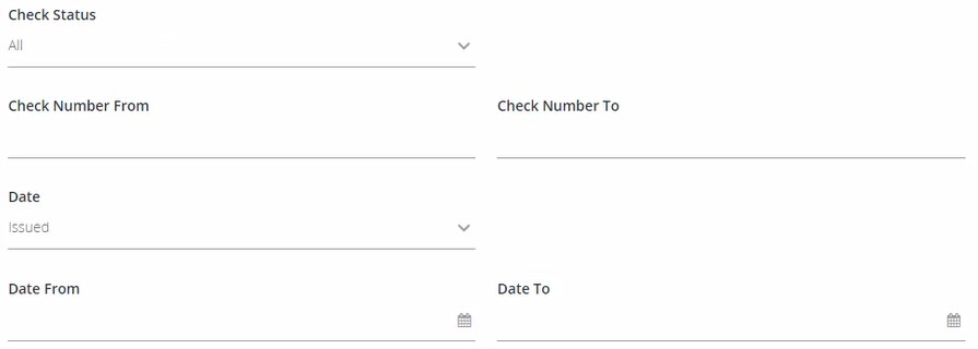 Image of Check Status showing a Check Status dropdown menu and fields for Check Number From and Check Number To, Date Issued dropdown, Date From and Date To with calendar icons.