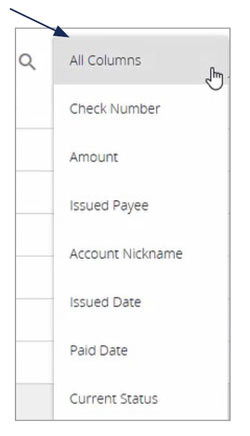 Image of a Column dropdown menu that includes: All Columns, Check Number, Amount, Issued Payee, Account Nickname, Issued Date, Paid Date and Current Status.