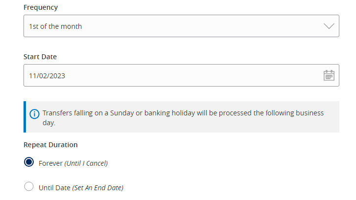 Image of Frequency fields showing how to select the Repeat Duration of Forever (Until I Cancel). Image of Frequency fields showing how to select the Repeat Duration of Until Date (Set An End Date) and the End Date field that can be selected using a calendar.