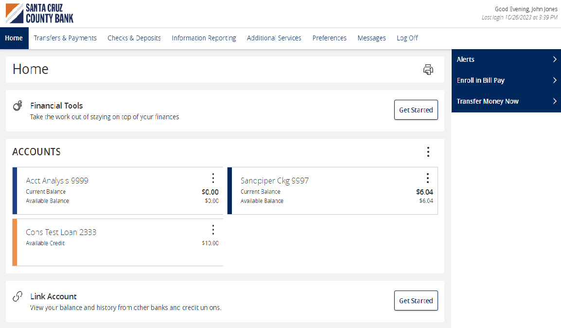 Image of the home screen including the top menu bar, with Home selected, and showing a submenu with the following menu items: Alerts, Enroll in Bill Pay and Transfer Money Now. The home screen includes: Financial Tools with a Get Started button, a list of accounts and a Link Account Get Started button.