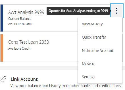 Image of the Options icon which looks like a standing elipsys, and the sub menu below it which includes: View Activity, Quick Transfer, Nickname Account, Move to and Settings.