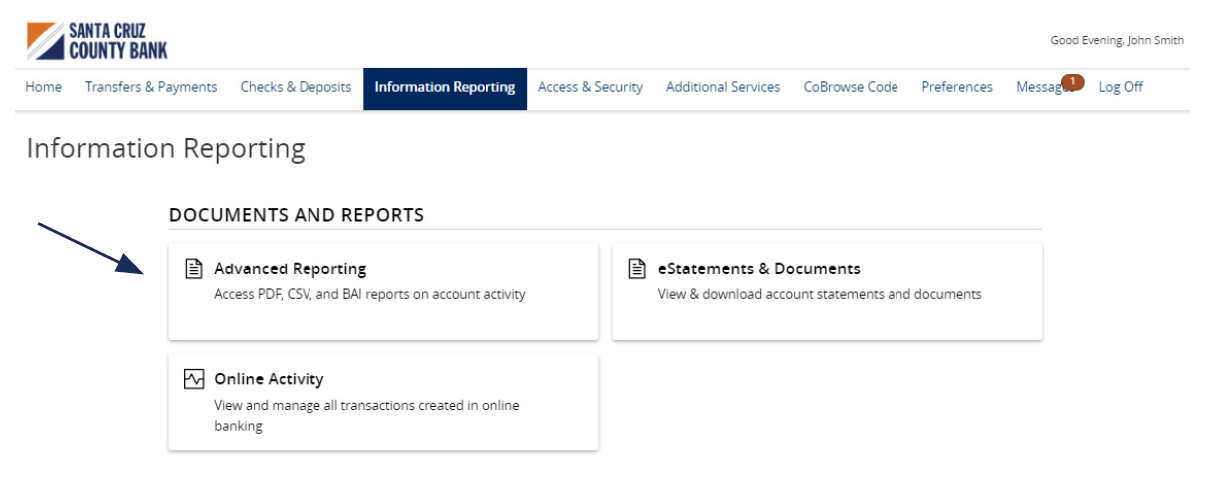 Information Reporting on the menu bar and an arrow showing where to locate Advanced Reporting.
