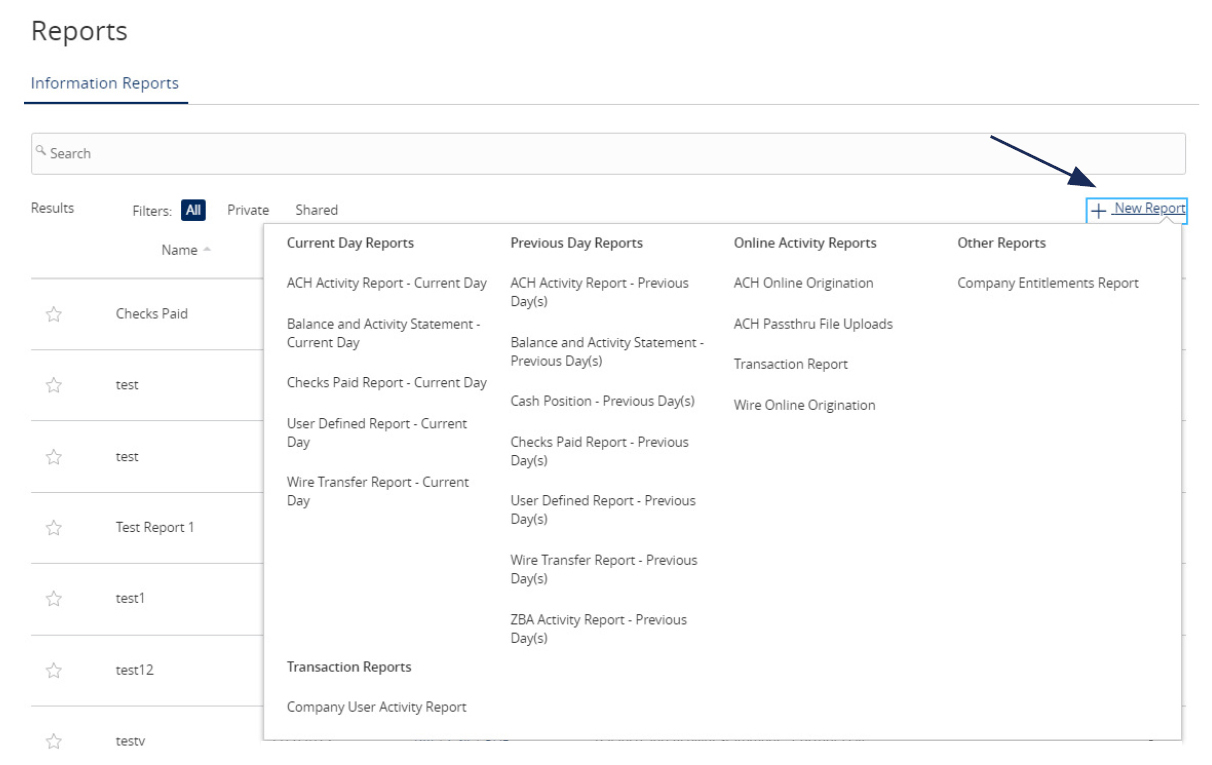 Reports content showing where to locate New Report
