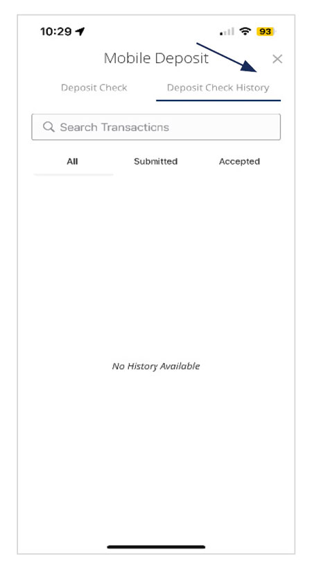 Image of Mobile Deposit with Deposit Check History highlighted. The screen also includes a field to Search Transactions, with All, Submitted and Accepted below.