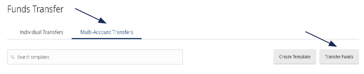 Image of Funds Transfer showing where to select Multi Account Transfer and where to select Transfer Funds.