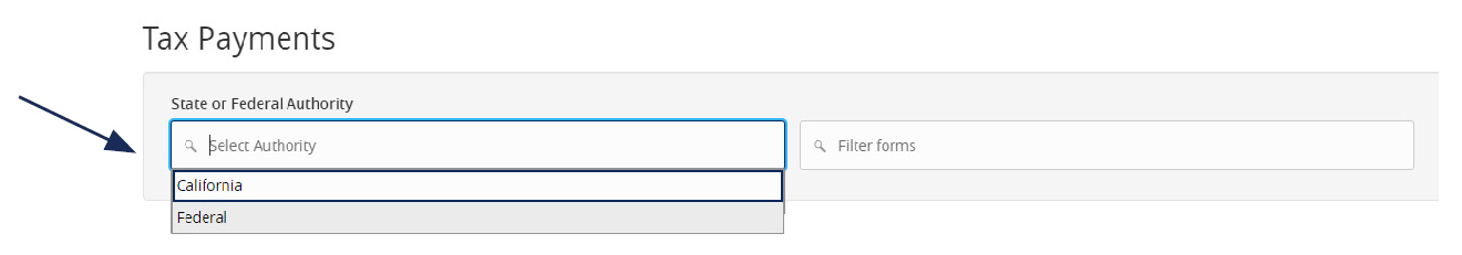 Image of Tax Payments showing where to select the corresponding state in the State or Federal Authority drop down menu.