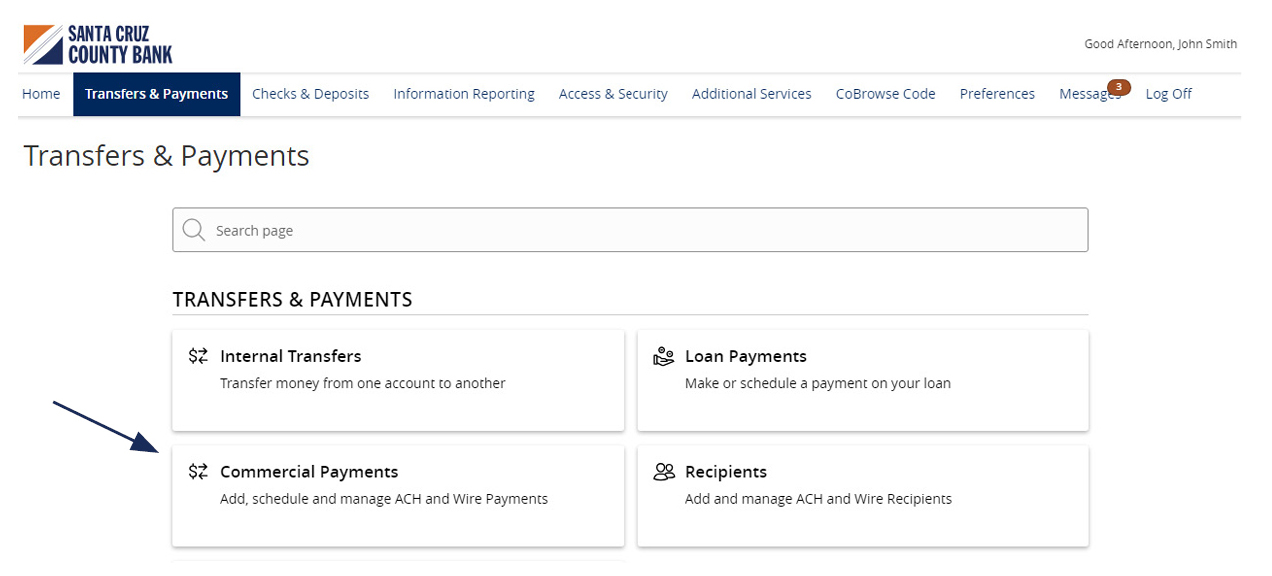 Image of the Transfers and Payments menu showing where to locate Commercial Payments.