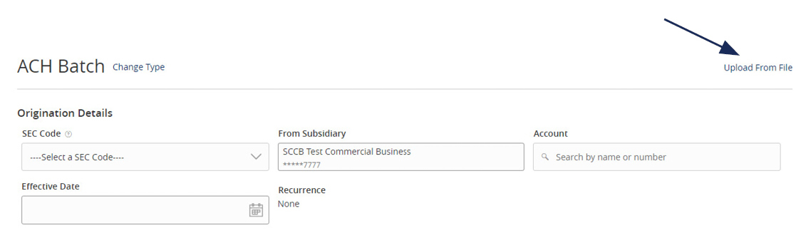 Image of ACH Batch showing origination details, SEC Code, From Subsidiary, Account and Effective Date.
