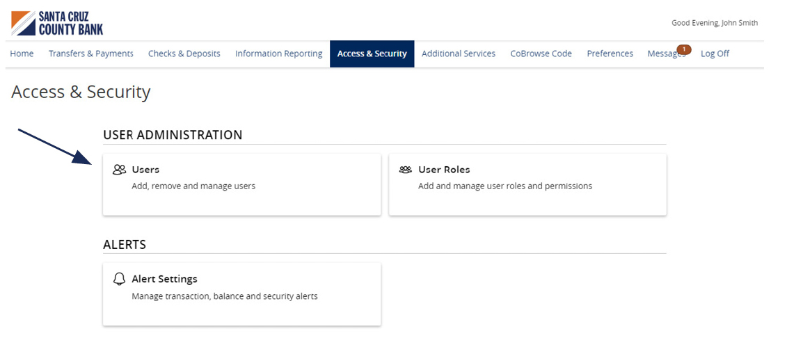 Image of the ’Access & Security’ menu showing where to locate Users.