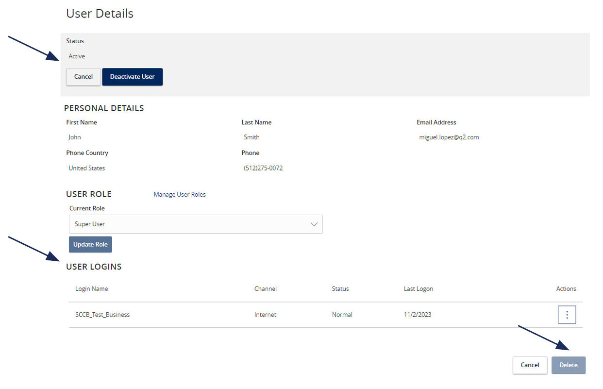 Image of User Details showing where to locate Deactivate User, as well as where to select User Role, User Logins and the Delete button.