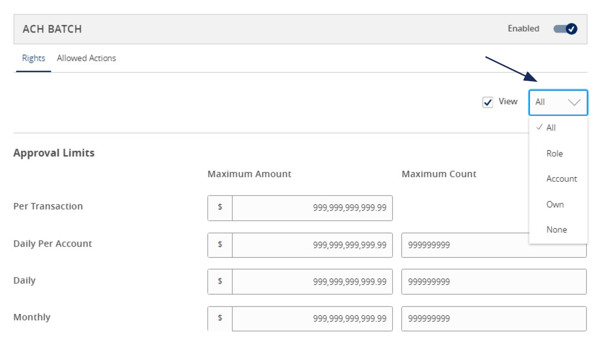 Image of ACH Batch, Rights and Allowed Actions options, and where to select the following options: All, Role, Account, Own, and None.