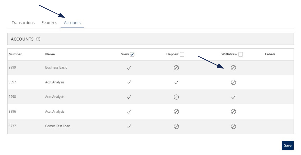 Image of Accounts options and where to locate the Accounts tab and selections available for View, Deposit, and Withdraw.