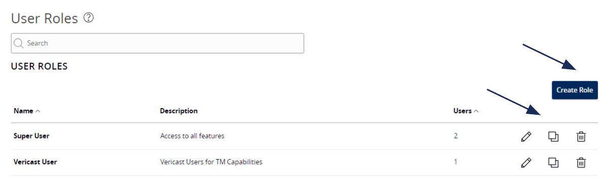 Image of User Roles, showing the Create Role button and the pencil, double paper icon, and trash icons below the Create Role button.