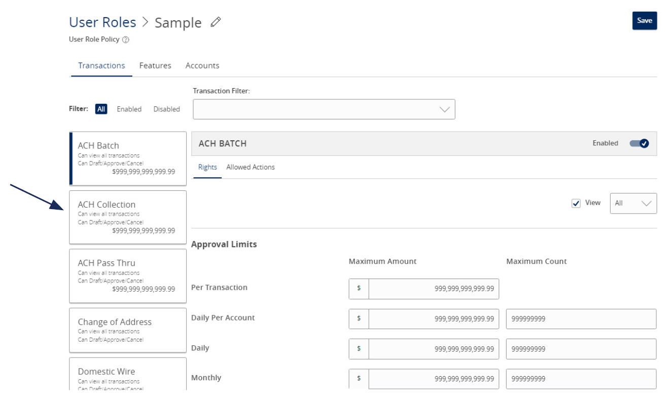 Image of User Roles showing where to select ACH Collection.