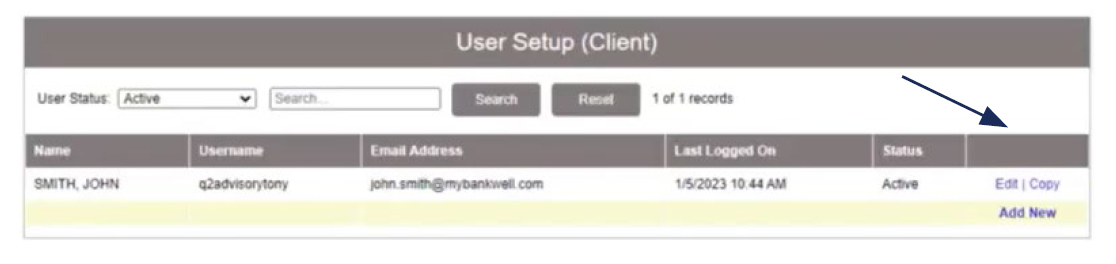 Image of User Setup (Client) showing where to locate the Add New option.