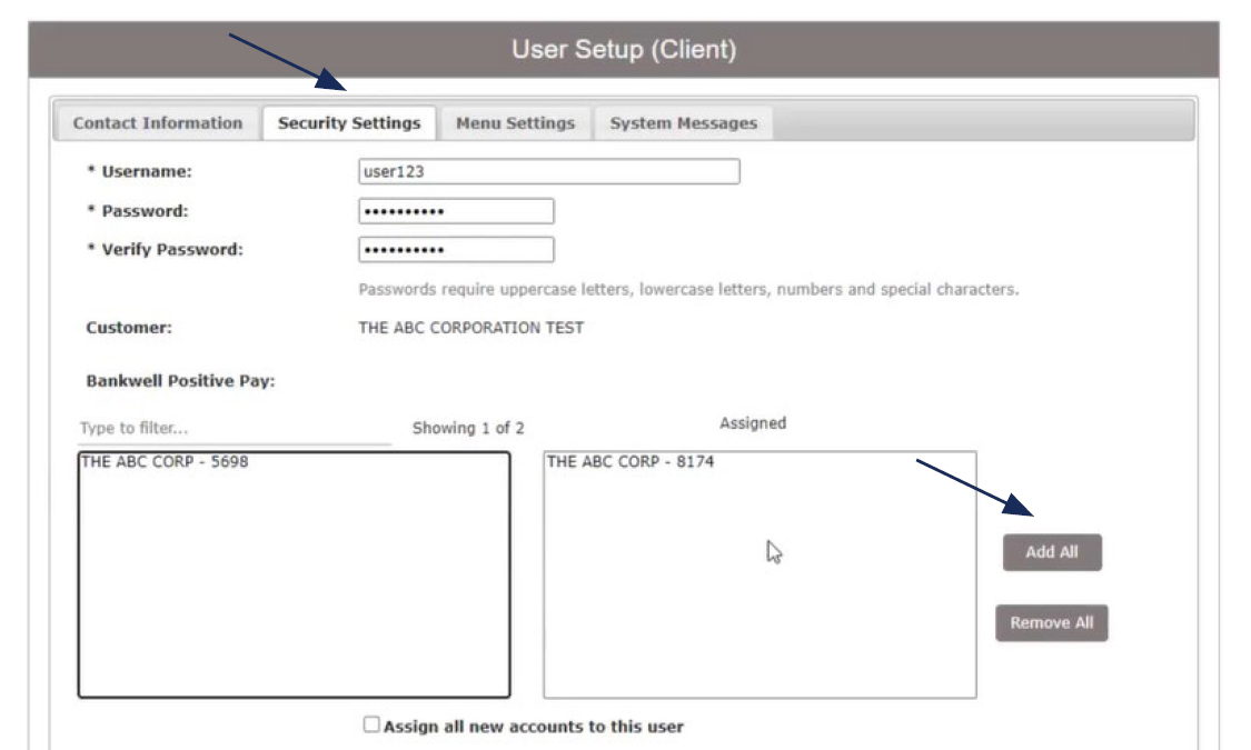 Image of User Setup (Client) showing where to locate the Security Settings tab and showing where to locate the Add All option.