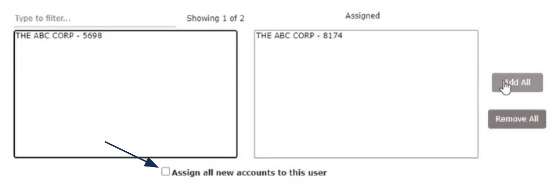 Image of User Setup (Client) Security Settings tab showing where to locate the option to Assign all new accounts to this user.