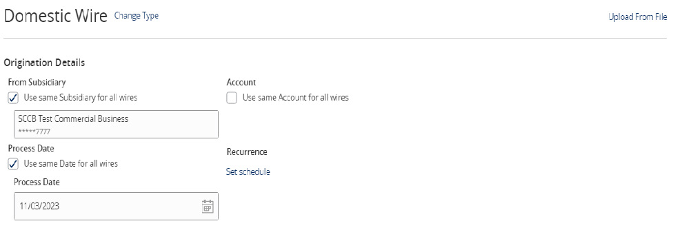 Image of the Domestic Wire form showing how to indicate the process date to use.